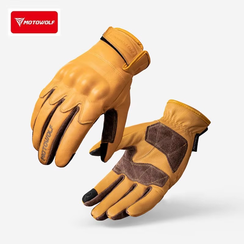 Motorcycle Glove Knuckle - ถุงมือหนังสำหรับขี่มอเตอร์ไซค์ ถุงมือขี่มอเตอร์ไซค์สไตล์เรโทร ถุงมือวินเทจสำหรับนักขี่ ป้องกันการลื่น หน้าจอสัมผัสได้ ป้องกันนิ้วมือ
