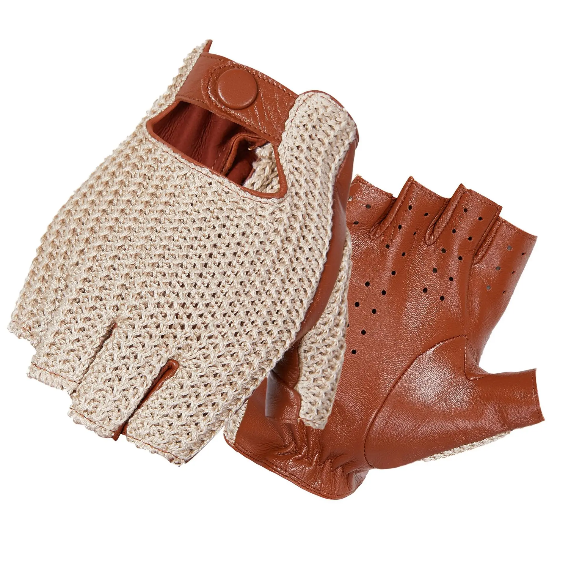 Leather Driving Glove - ถุงมือสั้นสำหรับผู้ชาย หนังแท้ ไม่มีซับใน สไตล์เรโทร แบบมีกระดุมแป๊ก ไม่มีนิ้ว