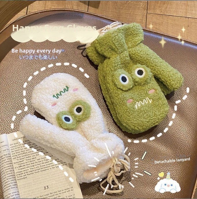 Wool Glove Lined - ถุงมือลายการ์ตูนกบสีเขียวสุดน่ารักสไตล์เกาหลี สำหรับผู้หญิง ใส่ปั่นจักรยานกลางแจ้ง ให้ความอบอุ่น สำหรับคู่รัก ผู้ชาย